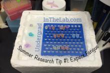 an ice bucket with a blue microcentrifuge tube holder in it and microcentrifuge tubes with the words undergrad in the lab